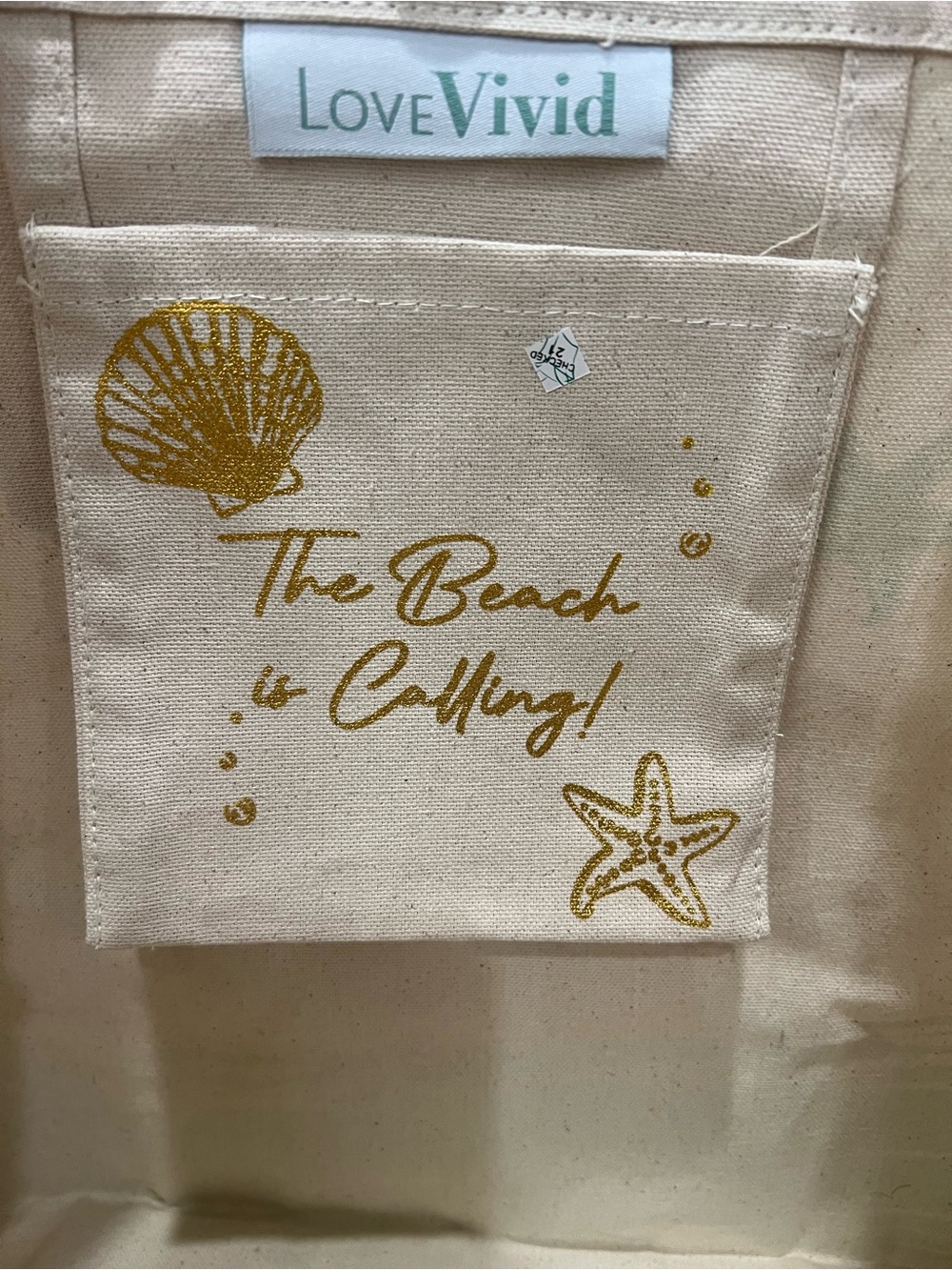 BNWT Love Bivid Seashell Print Beach Tote in Aqua Cream and Gold - Picture 6 of 7